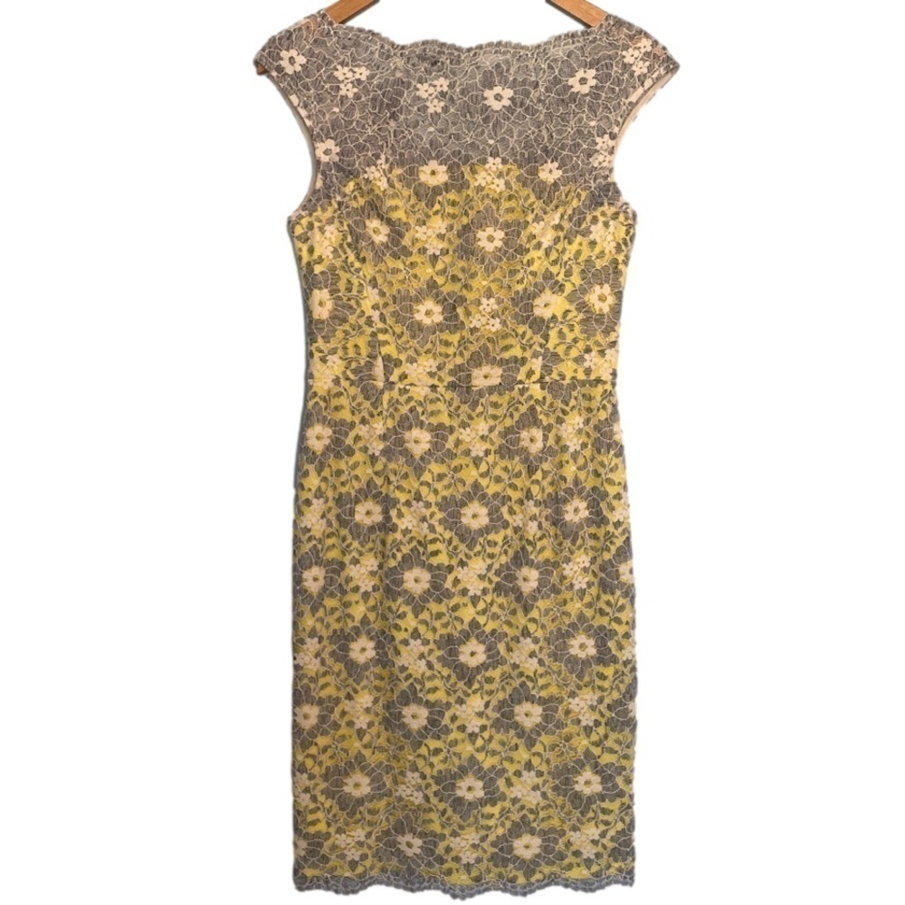 Maggy London Grey and Yellow Floral Lace Bodycon Boat Neck Midi Dress Sz 4